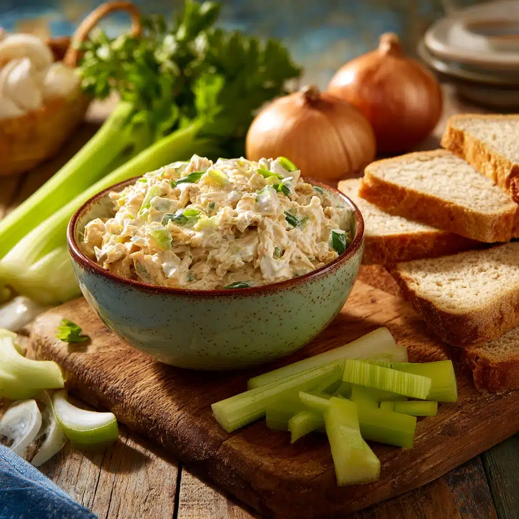 Creamy canned chicken salad with celery and onion