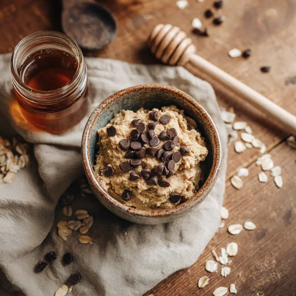 chickpea cookie dough in a rustic kitchen setting