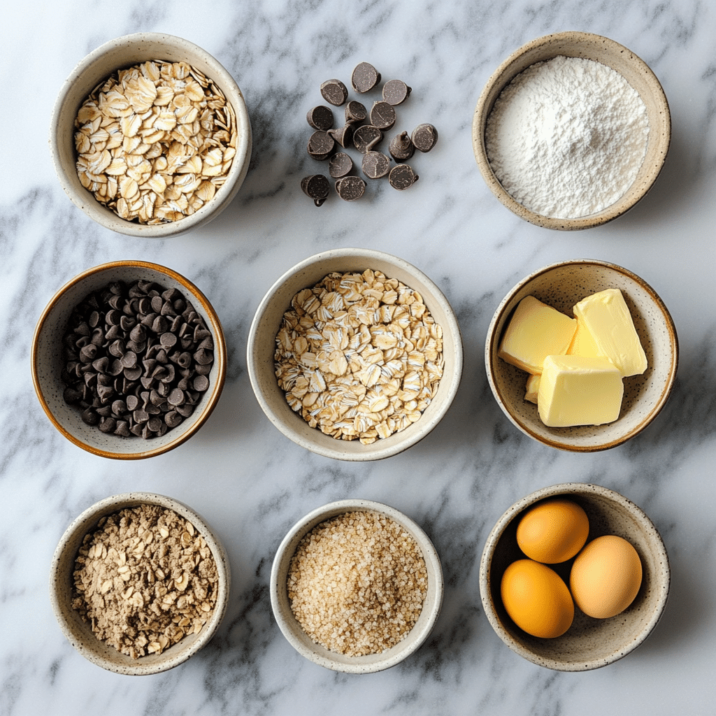 Ingredients for chewy chocolate chip oatmeal bars