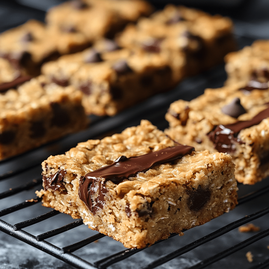 Sliced chewy chocolate chip oatmeal bars cooling