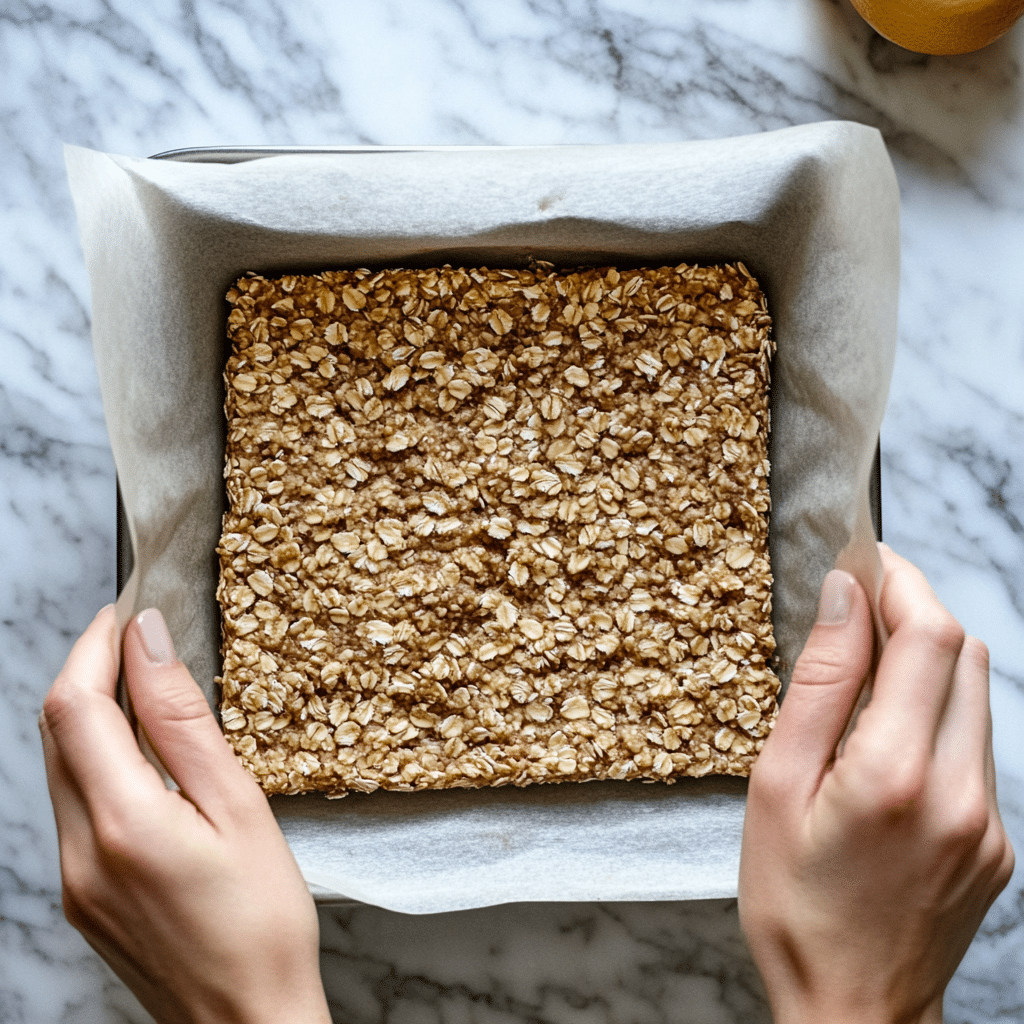 Pressing oatmeal bar mixture into baking pan