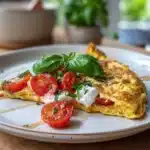 Tomato and burrata omelette with basil garnish