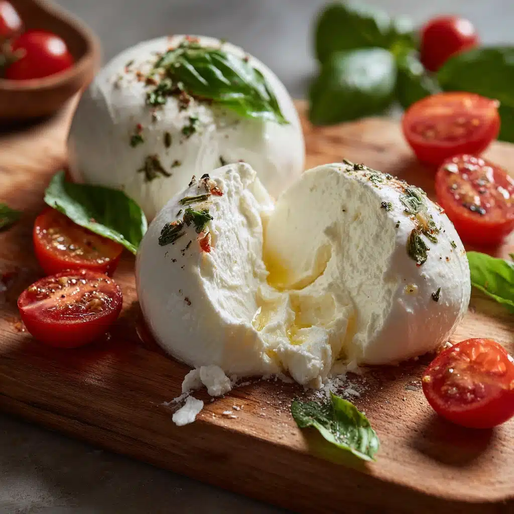 Torn burrata cheese with tomatoes and basil