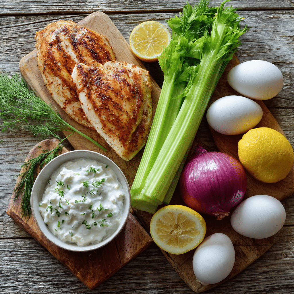Ingredients for chicken salad: chicken, yogurt, egg