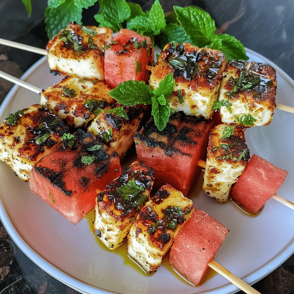Fresh Grilled Halloumi and Watermelon Skewers Easy Recipe with Mint Lime Drizzle